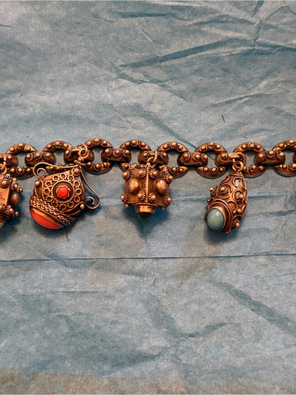Antique- Etruscan silver Charm Bracelet with Coral Red and Turquoise Charms